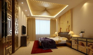 Custom upholstered ceiling, custom furniture, use of bright color