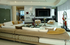Contemporary furniture, faux finished walls, stainless and glass table, custom furniture