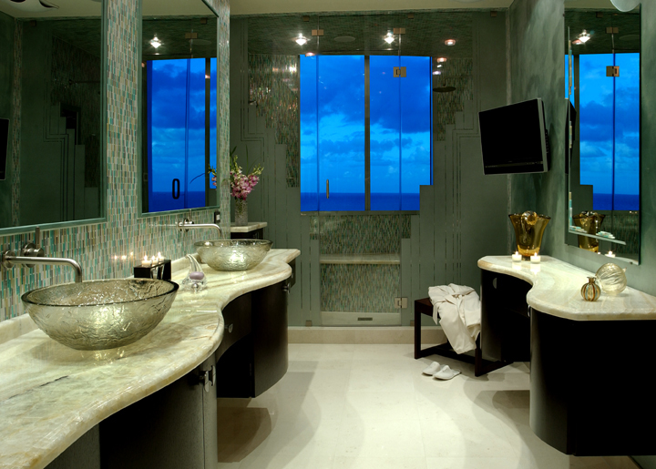 custom cabinetry, custom glass tile, custom glass shower, onyx countertop, specialty lighting